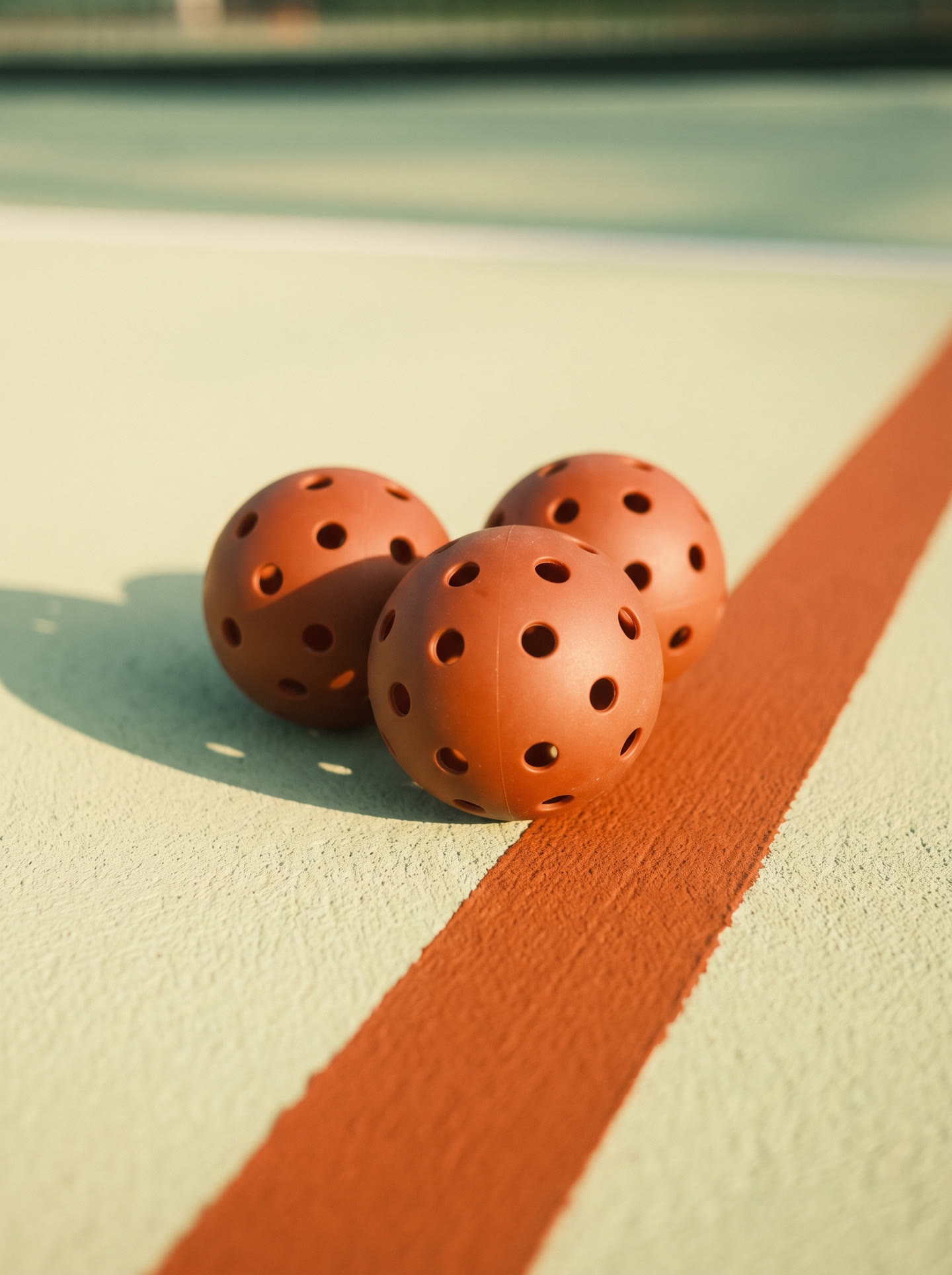 Three burnt-orange pickleballs resting on the court line