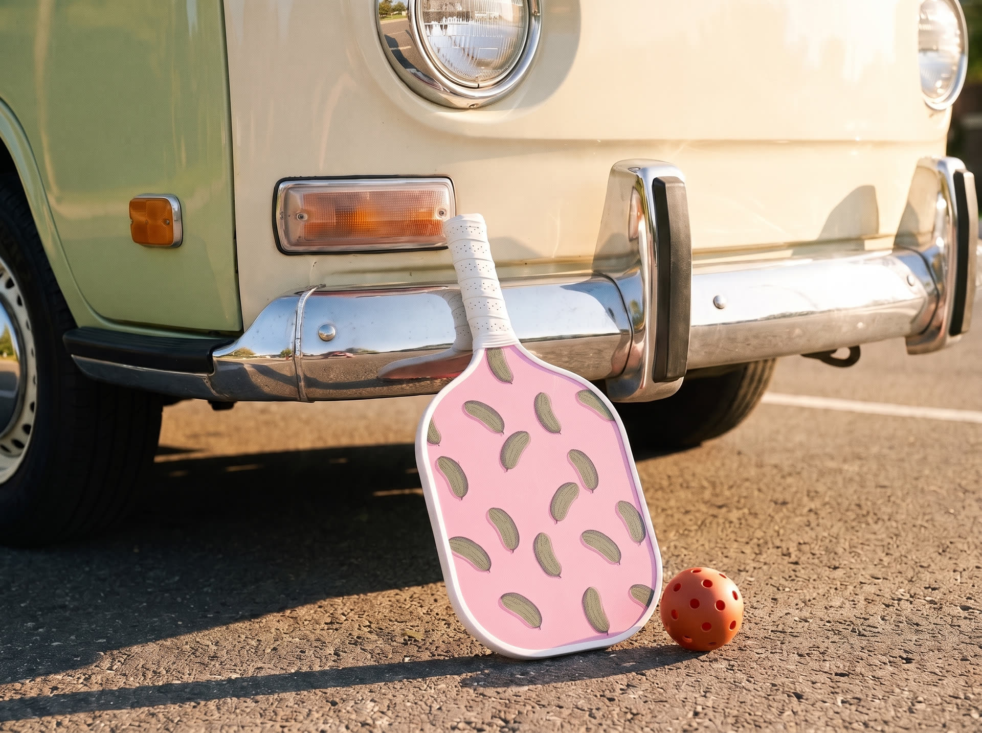 The Pink Paddle leaning on the van's chrome bumper