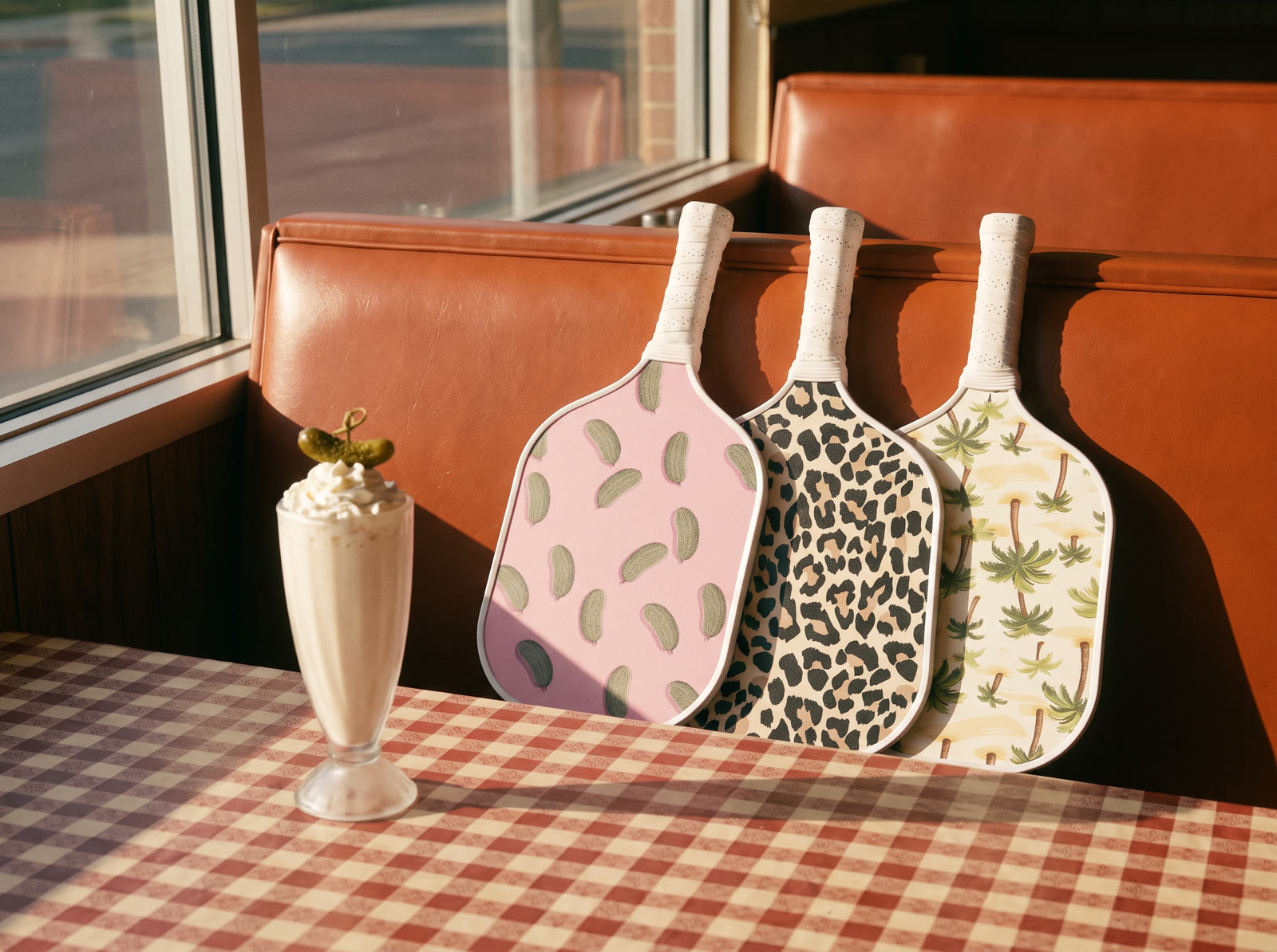 All three paddles lined up in a diner booth beside a milkshake