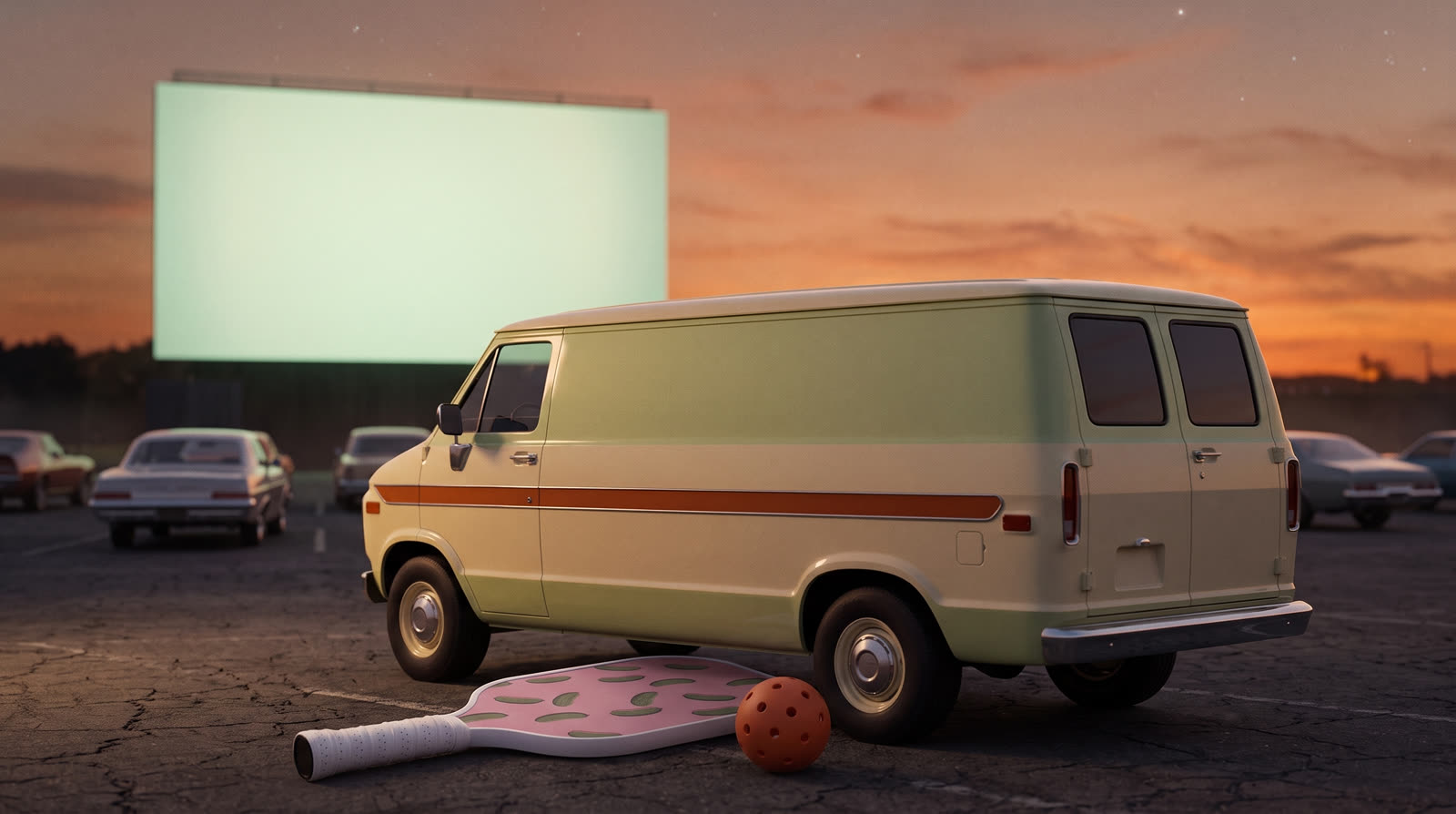 The van at a drive-in at dusk, paddle resting by the wheel