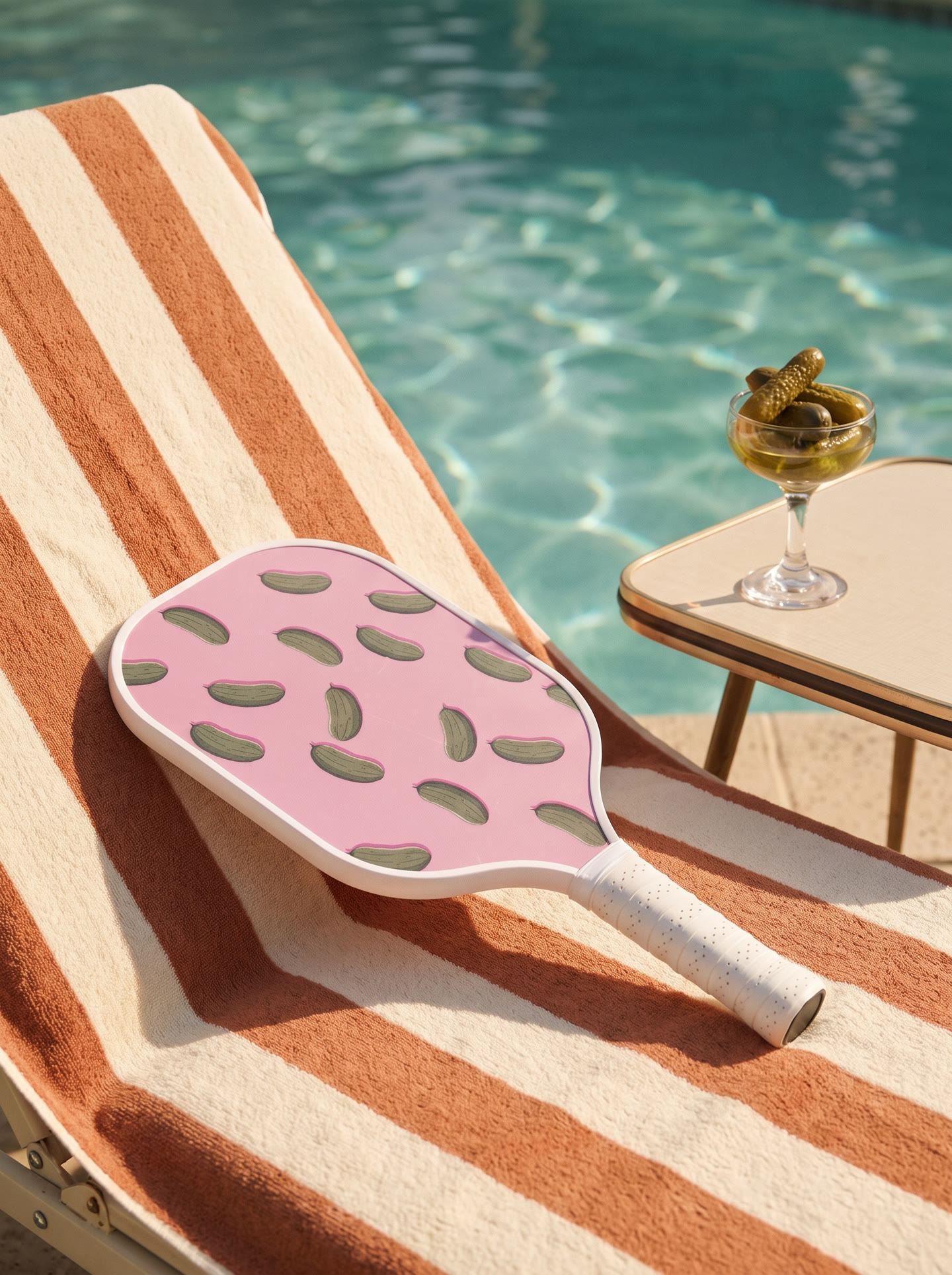 The Pink Paddle on a striped towel beside a sparkling pool