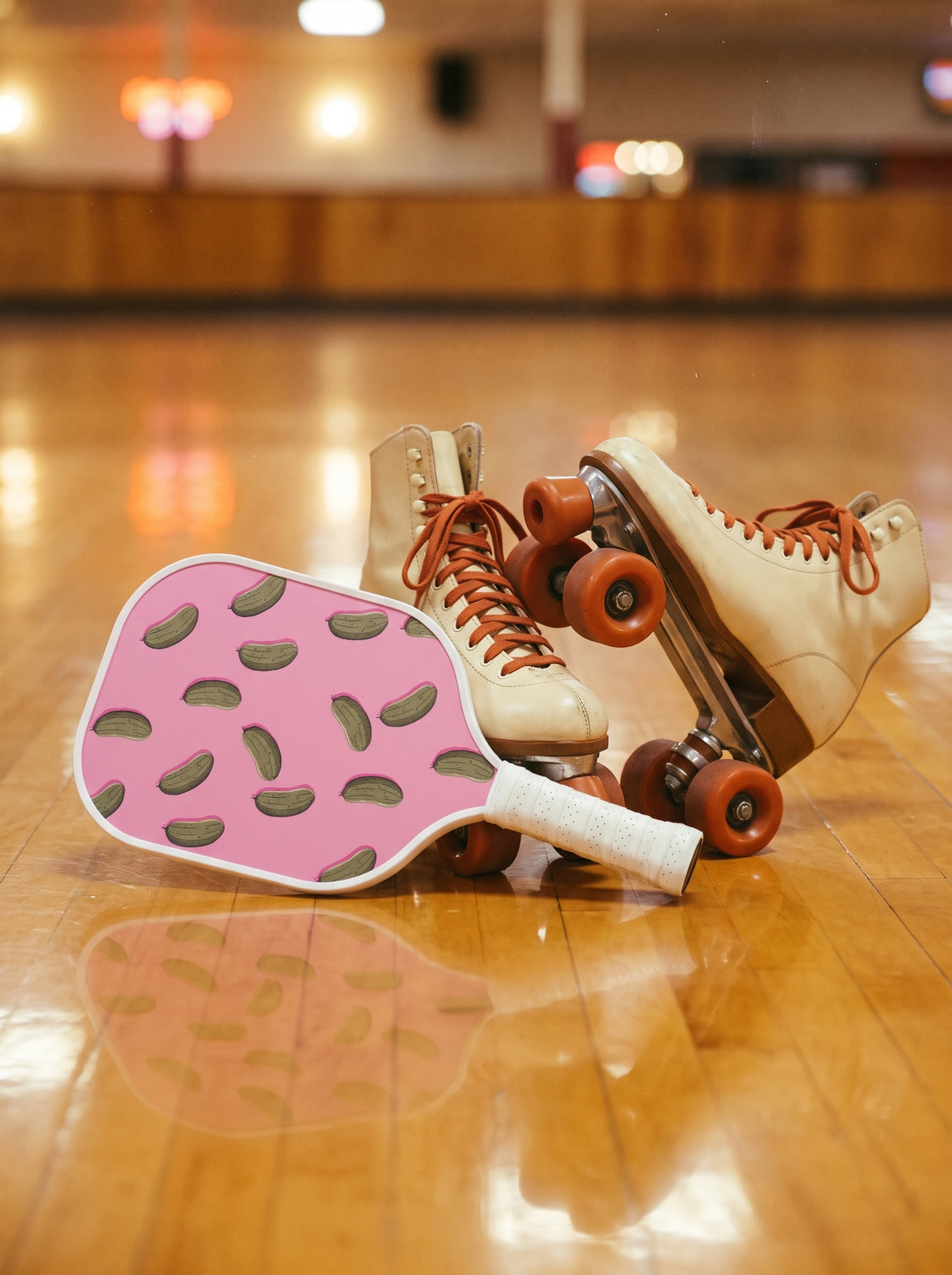 The Pink Paddle beside roller skates on a rink floor