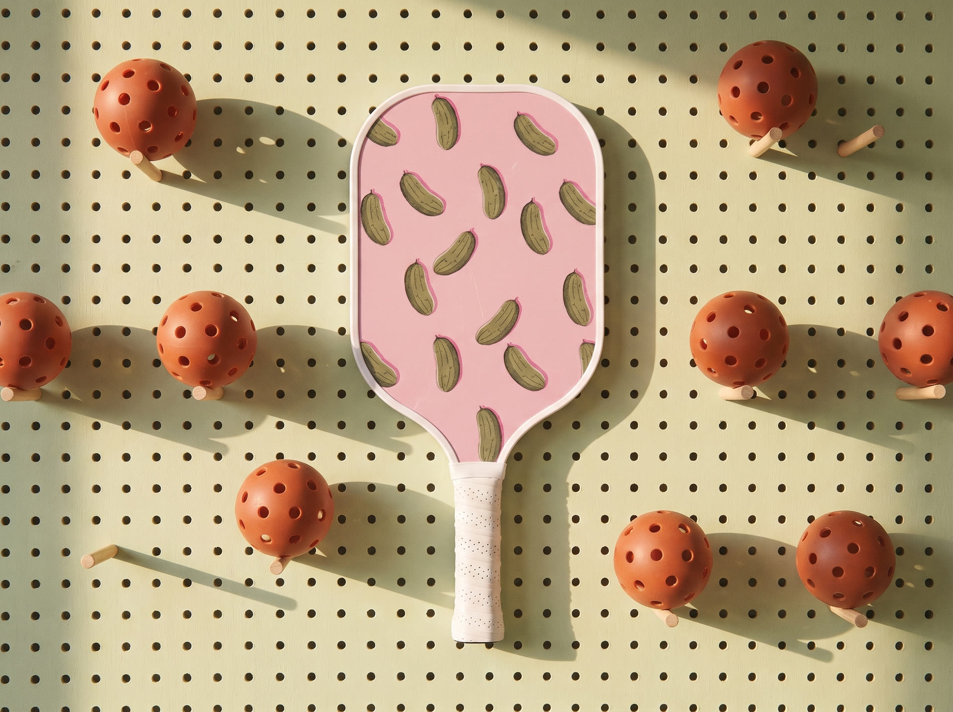 The Pink Paddle hanging on a pistachio pegboard wall